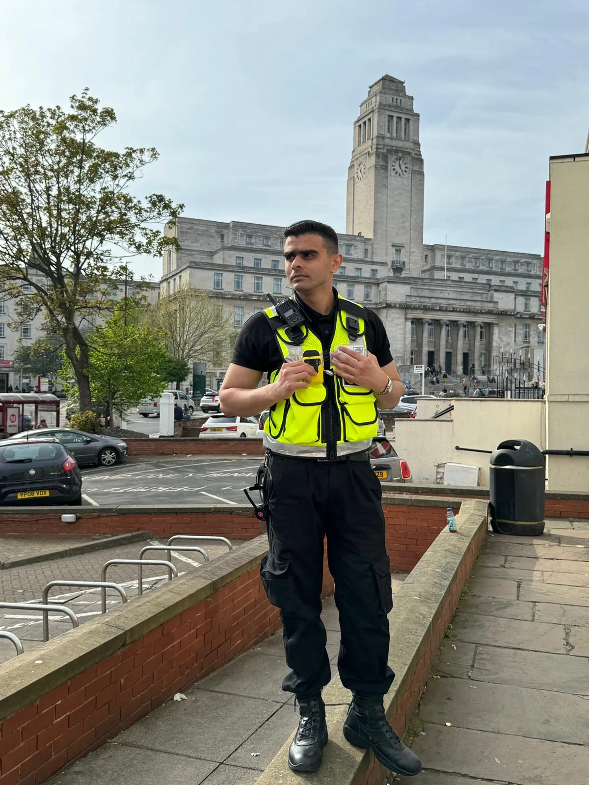 Uniformed security officer on duty in Leeds city centre